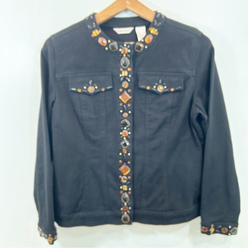 Laura Ashley Black Orange Fall Jewels Jean Jacket SZ Small Bohemian Whimsigoth